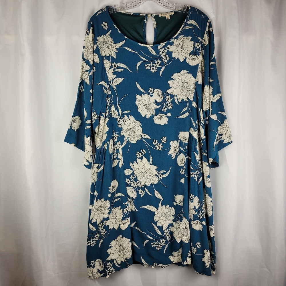 Crescent Teal Garden Floral 3/4 Sleeve Tunic Midi Shift Dress Women Size Large